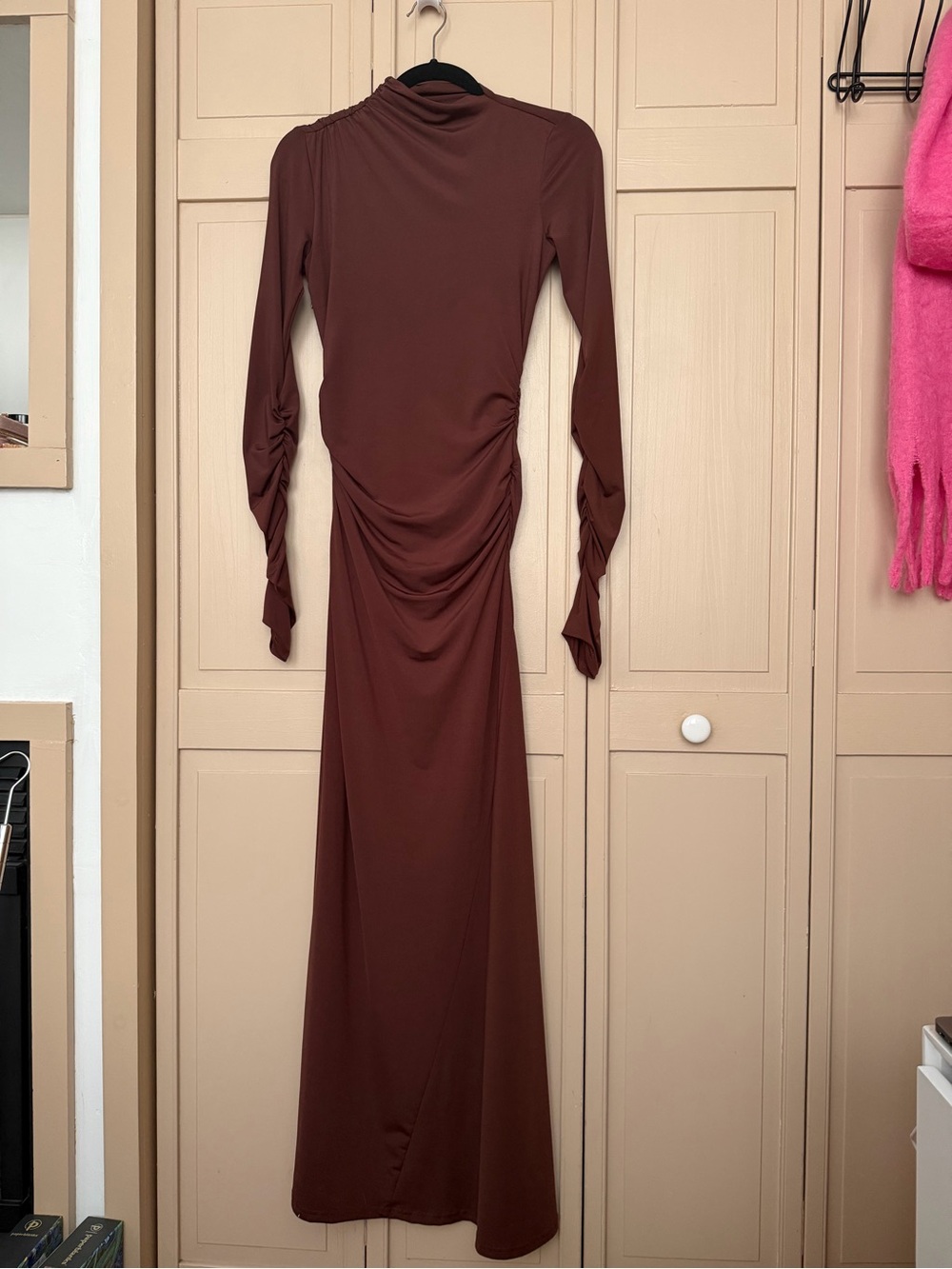 Zara Long-Sleeve Ruched Maxi Dress in Deep Brown